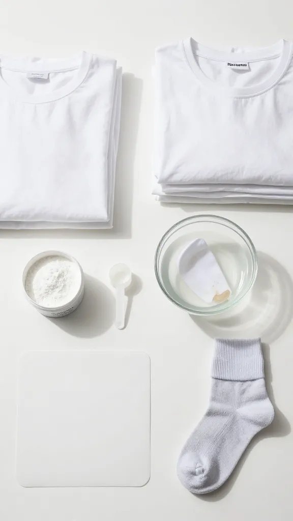 Flat lay on a bright white surface showing a “micro-sorted” setup: neat stack of true-white tees and undershirts, folded white bed sheets with a label tag peeking, a small container of oxygen bleach powder, a measuring scoop, and a clear bowl with warm water and a single stained white sock soaking. A color catcher sheet placed nearby, and a small “not white” light-gray sock set off to the side for contrast. Soft shadows, high-contrast whites, modern lifestyle aesthetic, no text.
