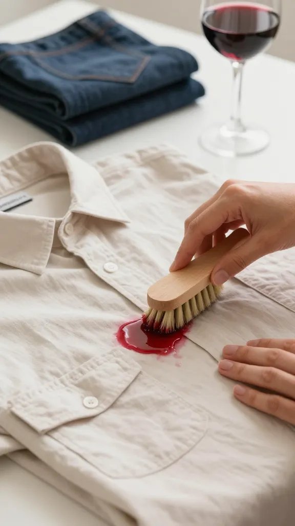 Close-up of hands treating a fresh red wine stain on a light beige cotton shirt laid flat on a laundry table: one hand gently blotting with a white paper towel, the other holding a small soft-bristle brush dipped in the homemade paste; a folded dark denim jacket and a glass of red wine blurred in the background; bright, clean lighting, no text.