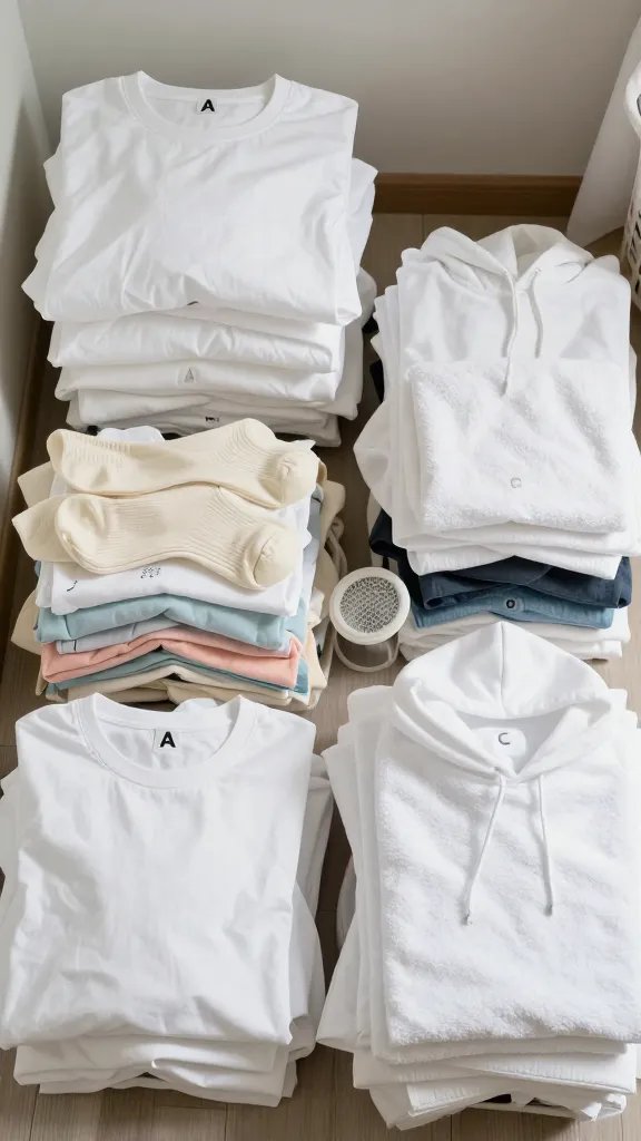 Overhead shot of a laundry room workspace with three clearly labeled piles of clothing: pile A is crisp, pure-white cotton tees and pillowcases; pile B is light-colored items like cream socks, pastel tops, and a white tee with a small print; pile C is heavy white towels and a white hoodie. Include a visible lint trap and a laundry basket. Soft natural light, neutral background, no text, emphasize color difference between pure white vs off-whites and fabric weight contrast.