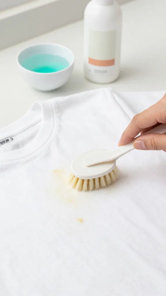 Close-up scene on a countertop: a white cotton T-shirt with faint yellow underarm stains being pre-treated. A hand is applying liquid enzyme detergent with a soft-bristle brush to the pit area, nearby a small bowl of diluted oxygen booster and a separate bottle labeled with a discreet color scheme (no readable text). Include a care label peeking from the shirt showing symbols for warm wash and no bleach. Bright, clean lighting, minimal background clutter.