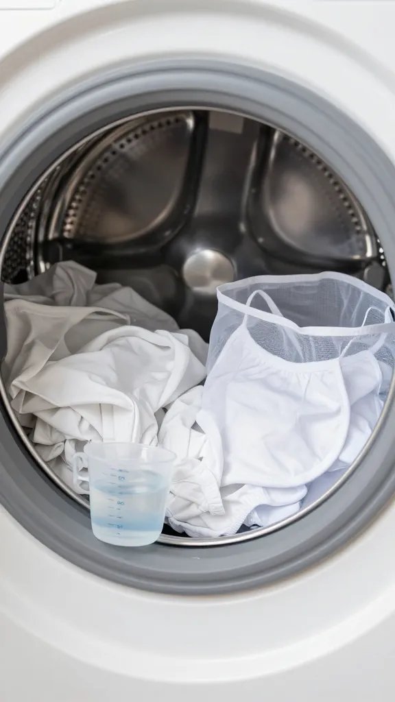 Inside a front-loading washer drum view: only lightweight white items (tees, underwear, a flat sheet) are visible, no towels or hoodies. A clear detergent dosing cup with measured liquid sits on the open door rim, and a mesh laundry bag with a delicate white camisole is nearby. The scene suggests cool-to-warm cycle settings with modern, stainless-steel drum reflections. Colors are neutral and bright, emphasizing the purity of whites and the careful sorting.