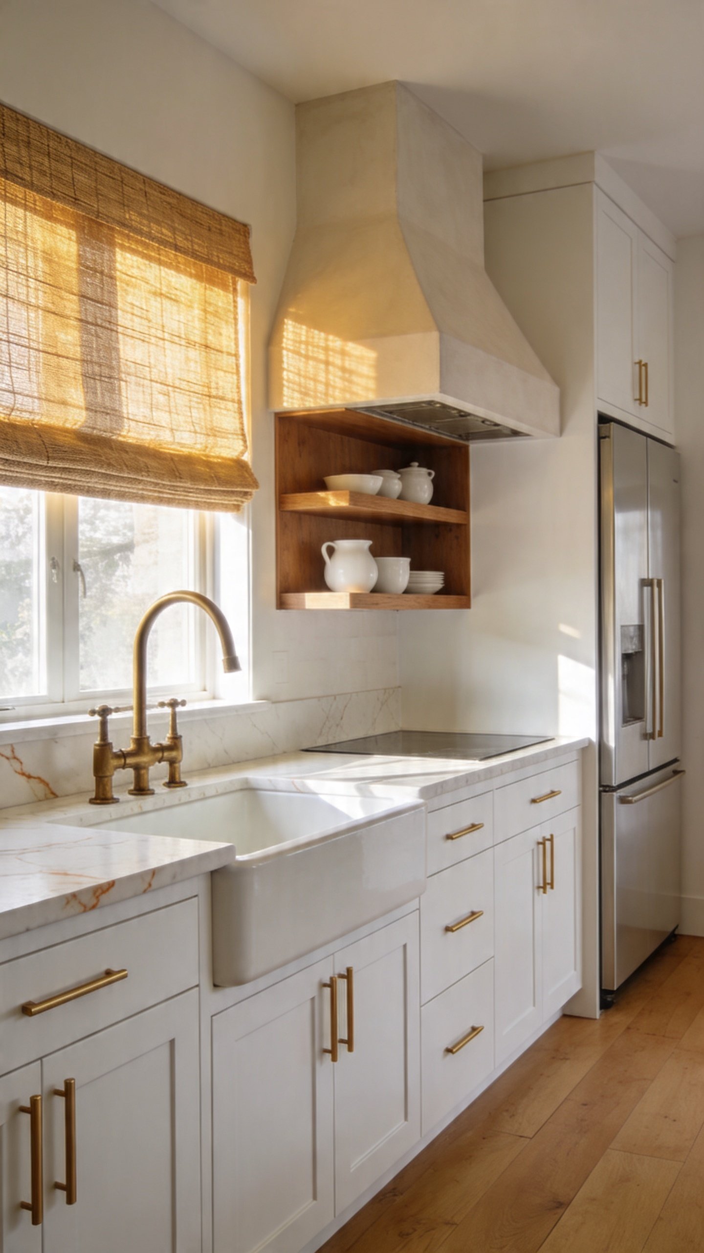 Sunlit south-facing modern white kitchen with warm undertone paint (soft creamy white walls and cabinetry), wide-plank light oak floors, matte white Shaker cabinets with slim brushed brass pulls, white quartz counters with subtle warm veining, unlacquered brass bridge faucet over a white farmhouse sink, integrated panel-front fridge, open oak shelves with simple white ceramics, soft woven Roman shade filtering golden afternoon light, matte plaster hood, minimal styling, no people, no text