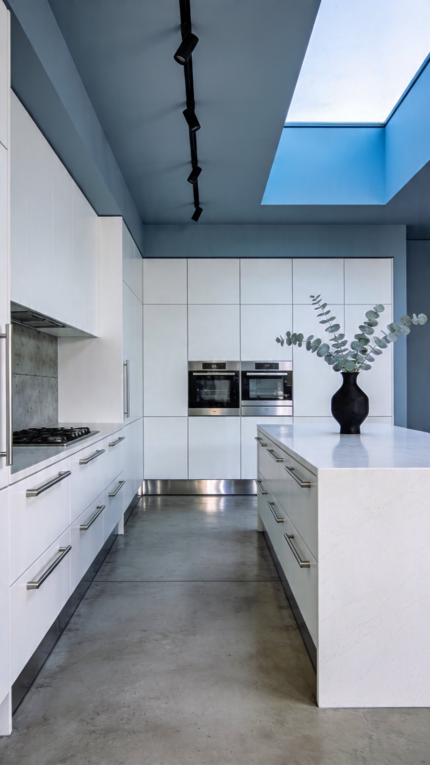 North-facing crisp gallery-style white kitchen with cool undertone paint (blue-gray white), polished concrete floors, flat-panel slab cabinets in ultra-matte cool white, stainless steel toe-kicks and appliances, long integrated stainless pull handles, white quartz waterfall island, linear black track lighting, honed concrete backsplash, a single sculptural black vase with eucalyptus, soft skylight ambience that reads bluish, hyper-clean and architectural, no people, no text