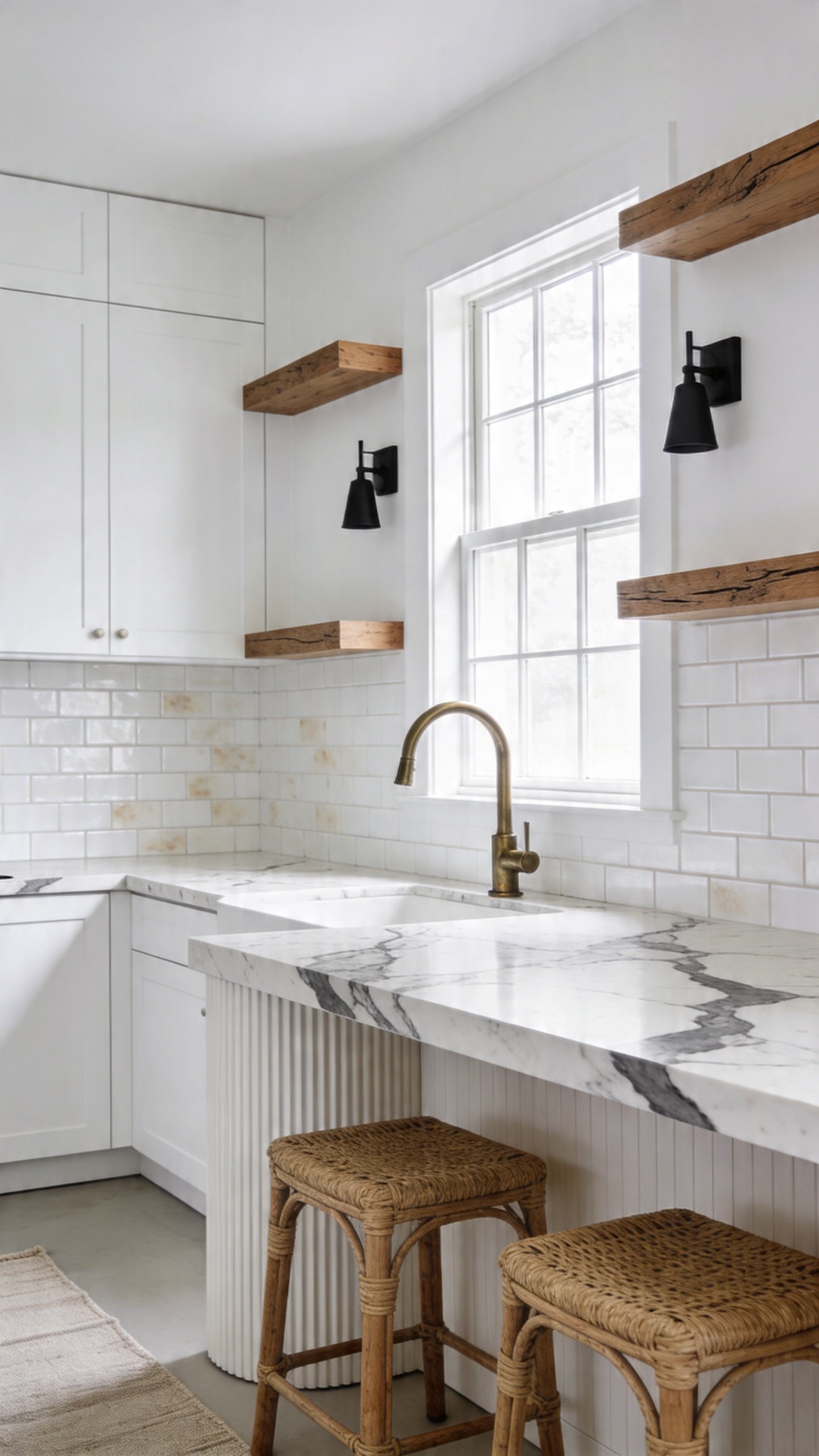 True-white modern kitchen balanced by layered textures: super-matte true-white cabinets and walls, fluted white oak island base, white zellige tile backsplash with slight variation, honed Calacatta marble counters with bold gray veining, mixed metals (brushed nickel faucet, black sconces), rift-cut oak floating shelves, oversized casement windows with diffuse daylight, woven rattan counter stools, subtle linen runner on floor, carefully composed to show depth and contrast without glare, no people, no text